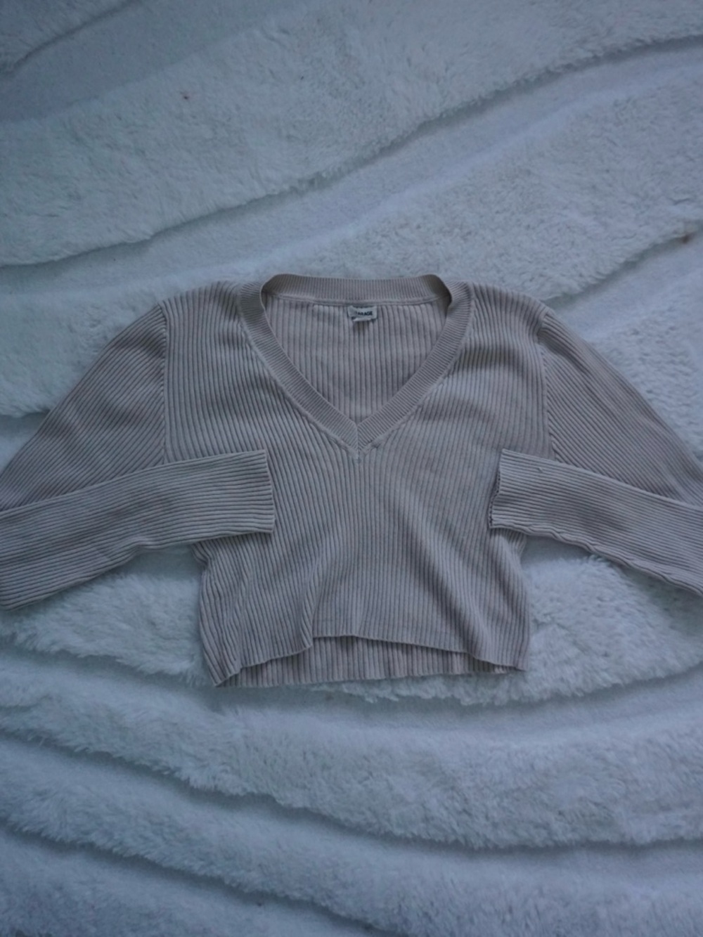 Garage Ribbed V-Neck Sweater in Beige